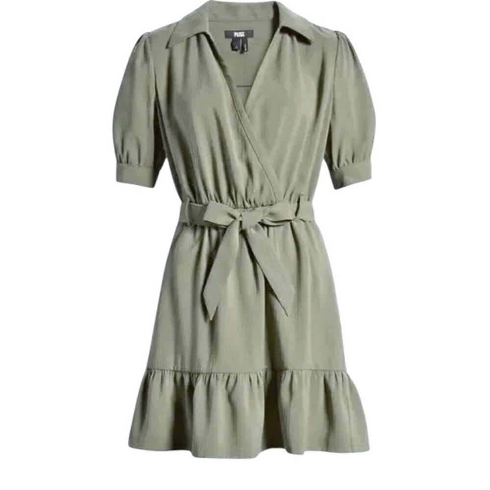 PAIGE Meagan Army Green Twill Faux-Wrap Belted Utility Dress Short Sleeve Sz XL